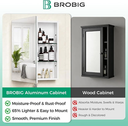 14 x 18 Aluminum Medicine Cabinet Mirror, Moisture & Rust Resistant Bathroom Wall Cabinet with Mirror, Recessed or Surface Mount with Adjustable Shelves, Tempered Glass & Soft Close Hinges