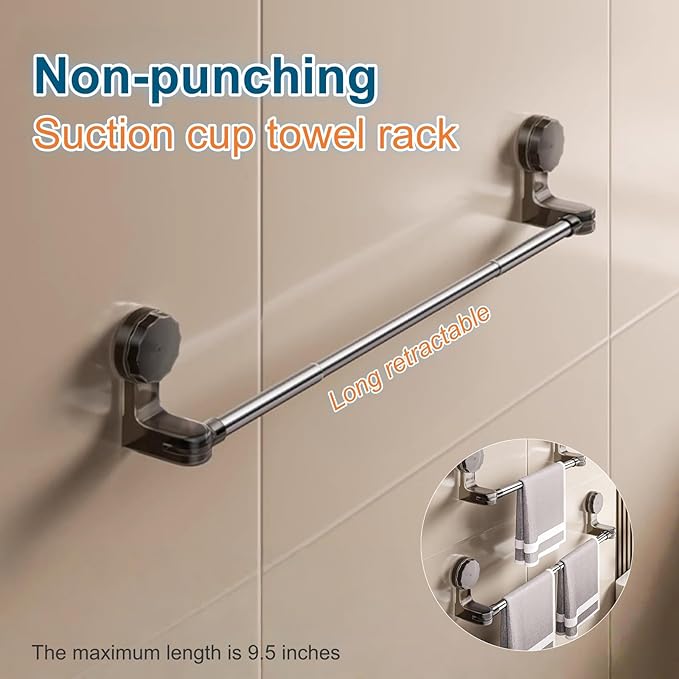 1 Pcs No-Drill Extendable Suction Towel Rod 11.8-23.6 Inch, Stainless Steel Removable Wall Mount Holder for Bathroom Kitchen Shower Towels Clothes