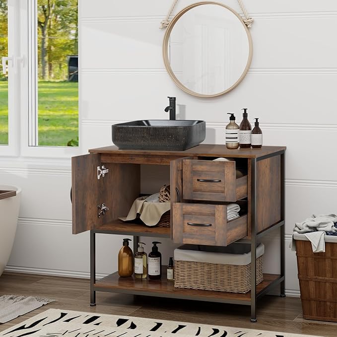YOURLITE Bathroom Vanity, 36" Rustic Brown Bathroom Vanity with Sink Combo,Faucet,Pop up Drain Set,Farmhouse Modern Cabinet with Black Art Ceramic Vessel Sink