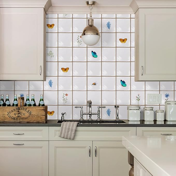 Alwayspon Vinyl Sticker Peel and Stick, Self-Adhesive Wall Tile Transfers Backsplash Sticker Decal for Kitchen Bathroom, 6x6inch/15x15cm 30Pcs, Insects and Plants T037