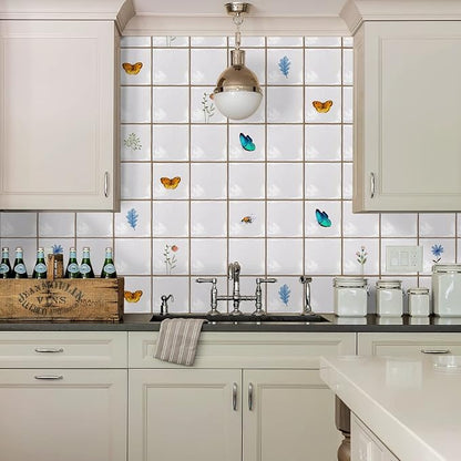 Alwayspon Vinyl Sticker Peel and Stick, Self-Adhesive Wall Tile Transfers Backsplash Sticker Decal for Kitchen Bathroom, 6x6inch/15x15cm 30Pcs, Insects and Plants T037