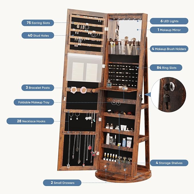 DUMOS 6 LEDs Standing Jewelry Armoire Cabinet, Full Length Mirror, Lockable | 360° Swivel, Jewelry Organizer and Storage, Build-in Mirror, Foldable Makeup Tray, Additional Storage Shelf, Rustic Brown