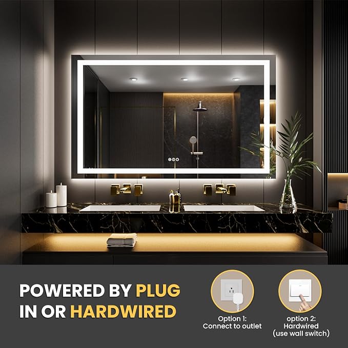 LOAAO 55"X40" LED Bathroom Mirror with Lights, UL Listed | Anti-Fog, Dimmable, 3 Color Temperature, Backlit + Front Lit, Memory Function, Tempered Glass