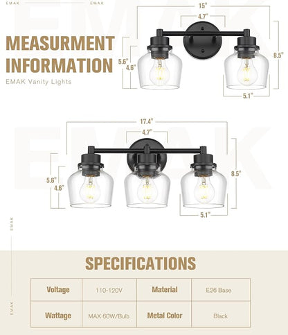 Emak 3-Light Bathroom Vanity Lights Over Mirror, Modern Bathroom Light Fixtures with Clear Glass Shade, Black Vanity Light for Bath, Makeup Desk, Mirror, VL122-BK-CG-3