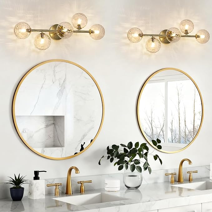 5 Lights Bathroom Vanity Light,Brushed Gold Globe Bathroom Light Fixtures | Hammered Clear Glass Wall Sconce Lighting,Mid Century Modern Brass Bubble Glass Bathroom Vanity Lights over Mirror,G9 Base