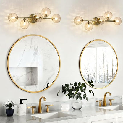 5 Lights Bathroom Vanity Light,Brushed Gold Globe Bathroom Light Fixtures | Hammered Clear Glass Wall Sconce Lighting,Mid Century Modern Brass Bubble Glass Bathroom Vanity Lights over Mirror,G9 Base