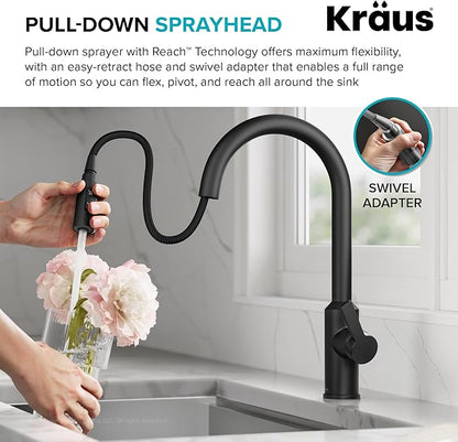 KRAUS Oletto Touchless Sensor Pull-Down Single Handle Kitchen Faucet in Matte Black, KSF-2830MB