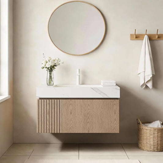 Ambrovina 30" Floating Bathroom Vanity with Sink, Plywood Storage Bathroom Vanities with Drawer and Door, Carrara White Sintered Stone Top and Ceramic Basin, Pre-Assembled Cabinet, Light Brown