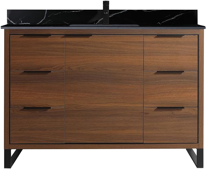 Opulence Collection 48 in. W x 20 in. D x 33 in. H Bathroom Vanity in Walnut Ebony with Black Marble Sintered Stone Sink - Black Hardware