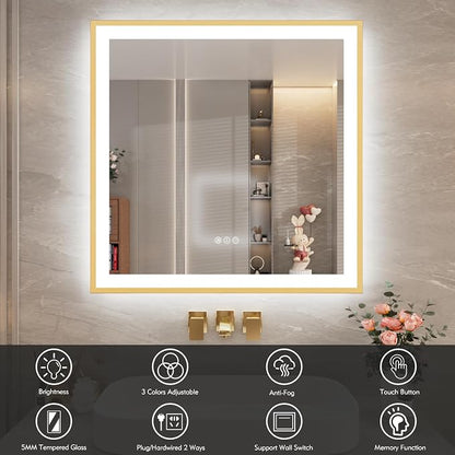 36x36 Inch LED Mirror for Bathroom with Gold Frame | Gold Metal Frame, Front and Backlit, 3 Colors, Dimmable, Memory, Anti Fog, Tempered Glass, Lighted Mirror for Wall
