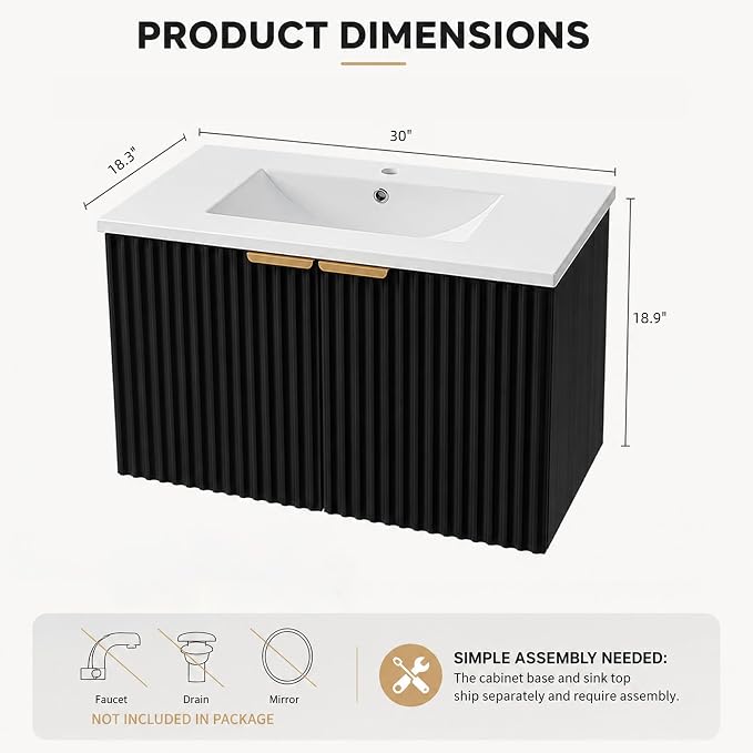 30" Floating Bathroom Vanity with Sink, Wall Mounted Bathroom Vanity Set with Fluted Doors, USB-Powered RGB LED Strip, Soft-Close Doors, Gold Handles, Black