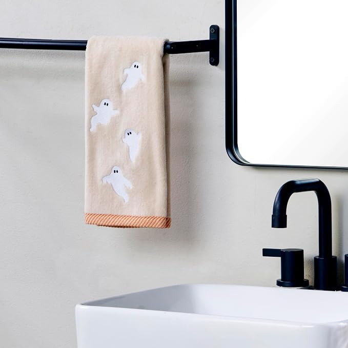SKL Home Halloween Tossed Ghosts Hand Towel Set-2pc, 100% Cotton, Taupe | Soft, embroidered velour. Great for the bathroom, kitchen or bar & gifting.