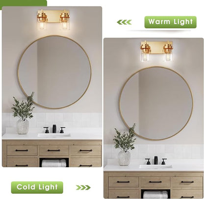 Bathroom Vanity Fixtures, 2 Light Matte Gold Vanity Light with Clear Glass Shade, 15in Farmhouse wall Light, Lighting Fixture Over Mirror for Bathroom