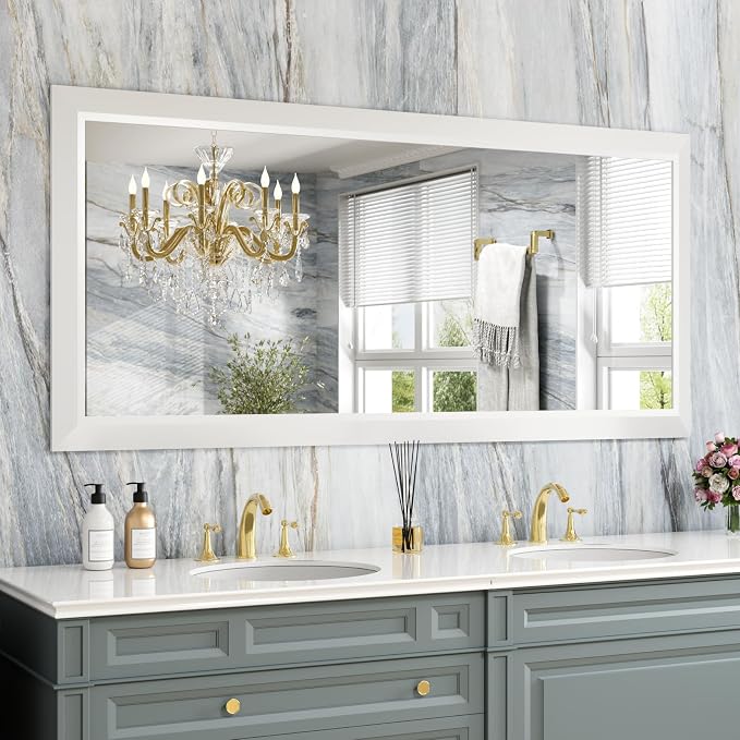 Bathroom Mirror for Wall, 60x28 Inch (White) | HD Reflection, Tempered Glass, Thick Metal Framed Rectangle Mirrors for Over Sink, Vanity, Bedroom, Living Room, Entryway