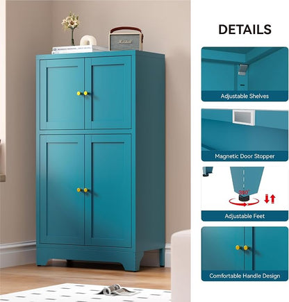 Bevivog Bathroom Floor Storage Cabinet,Metal Accent Cabinets with 4 Doors and 2 Adjustable Shelves,Blue Storage Locker Cabinets Organizer for Pantry Kitchen,Living Room,Hallway, Restroom