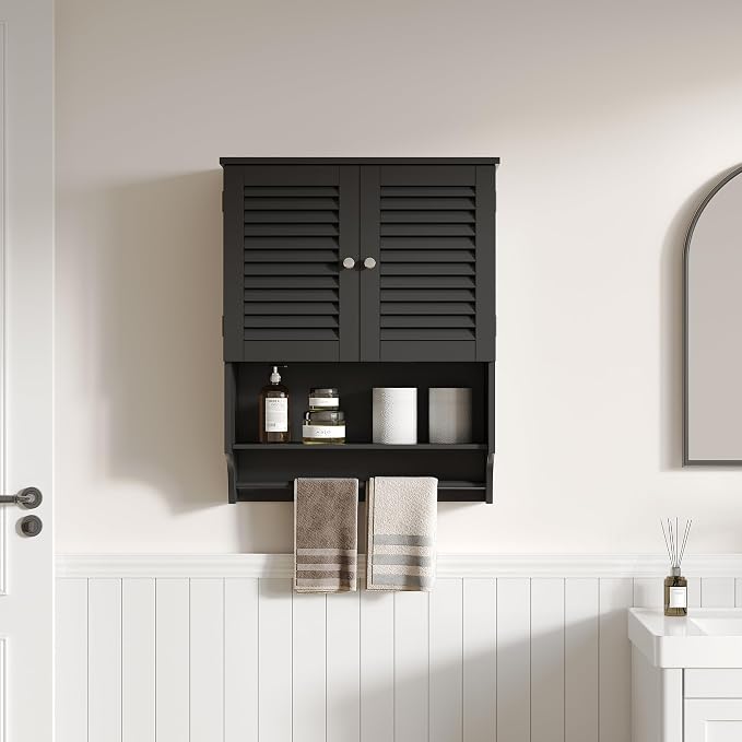ChooChoo Bathroom Wall Cabinet with Towel Bar and Ample Storage | 23.6"L x 7.9"W x 27.5"H MDF Medicine Cabinet, Over The Toilet Space Saver Storage Cabinet with Adjustable Shelf, Black