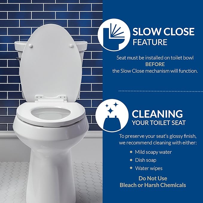 Myafair Alesio II Slow Close Toilet Seat, Easy Clean Hinges and Adjustable Perfect Fit Wood Seat, Made in USA, Round, White