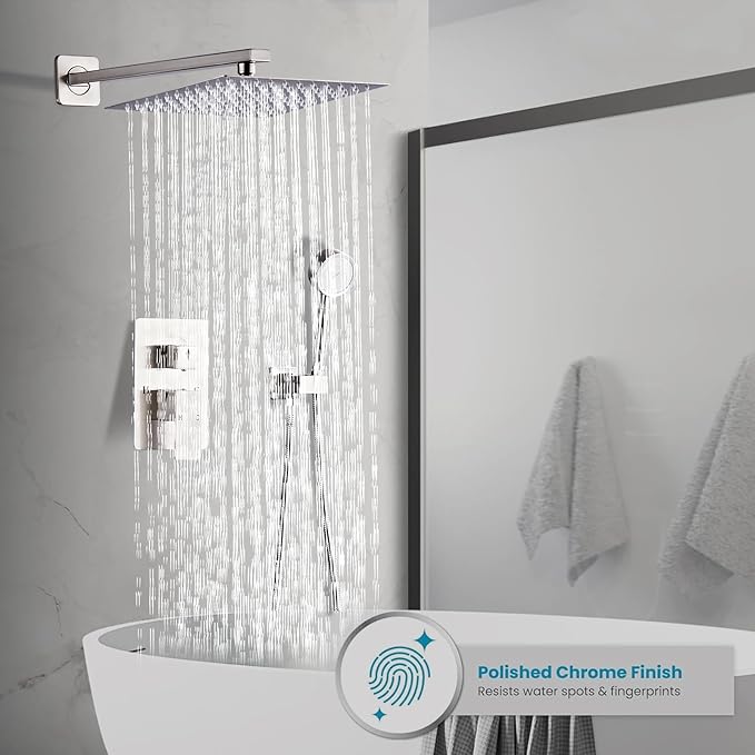 Brushed Nickel Rainfall Shower Head, Wall Mounted 8 Inch Shower Heads with Handheld Spray Combo, Luxury Bathroom Square Rain Shower System, Solid Brass Pressure Balancd Shower Faucet Valve