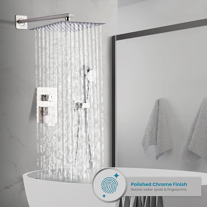Brushed Nickel Rainfall Shower Head, Wall Mounted 8 Inch Shower Heads with Handheld Spray Combo, Luxury Bathroom Square Rain Shower System, Solid Brass Pressure Balancd Shower Faucet Valve