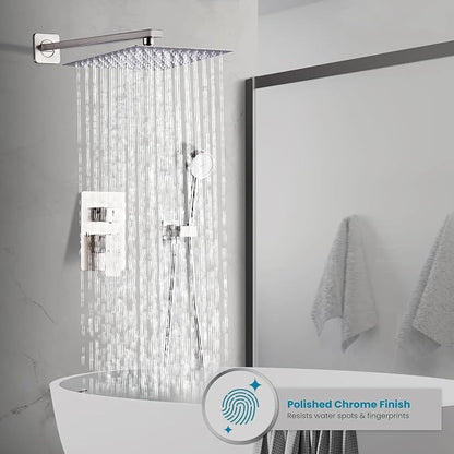 Brushed Nickel Rainfall Shower Head, Wall Mounted 12 Inch Shower Heads with Handheld Spray Combo, Luxury Bathroom Square Rain Shower System, Solid Brass Pressure Balancd Shower Faucet Valve