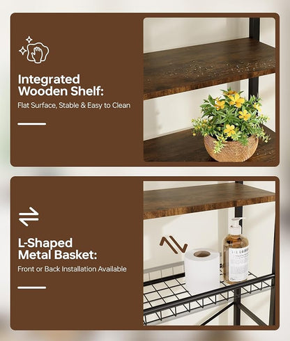 4-Tier Over-the-Toilet Storage Rack with One-Piece Wooden Shelves & Open Net Basket, Bathroom Organizer with Adjustable Feet & Anti-Tip Kit, Space-Saving Toilet Shelf, Brown, 24.4" x 9.4" x 69.3"