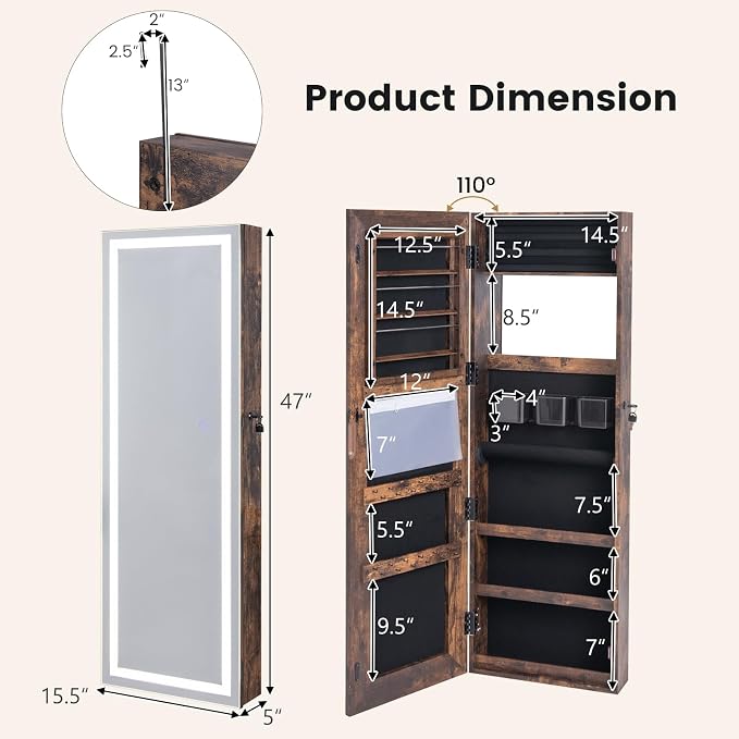 CHARMAID LED Mirror Jewelry Cabinet, 47.2'' Jewelry Armoire with Adjustable Lighted Full Length Mirror, Wall Mounted or Door Hanging, Lockable Jewelry Organizer Storage (Rustic Brown, 47.2''H)