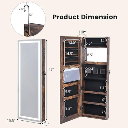 CHARMAID LED Mirror Jewelry Cabinet, 47.2'' Jewelry Armoire with Adjustable Lighted Full Length Mirror, Wall Mounted or Door Hanging, Lockable Jewelry Organizer Storage (Rustic Brown, 47.2''H)