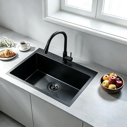 28x18 Inch Black Kitchen Sink, Topmount Drop In Stainless Steel Single Bowl Kitchen Sink, 16 Gauge Extra-Thick Modern Bar Prep RV Laundry Sinks with Mounting Brackets and Basket Strainer