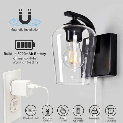 Battery Operated Wall Sconce, Rechargeable Magnetic Wall Lamp with Remote Control, Dimmable LED Bulb & Clear Glass Shade, Wireless Light for Bedroom Bathroom Hallway Farmhouse Decor
