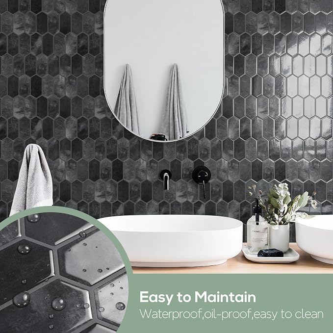 Vamos Tile Thicker Design Long Hexagon Peel and Stick Backsplash Tile | 10-Sheet Shiny Black with Dark Grey Grout Self Adhesive Wall Tiles Stick On Backsplash for Kitchen Bathroom RV Fireplace