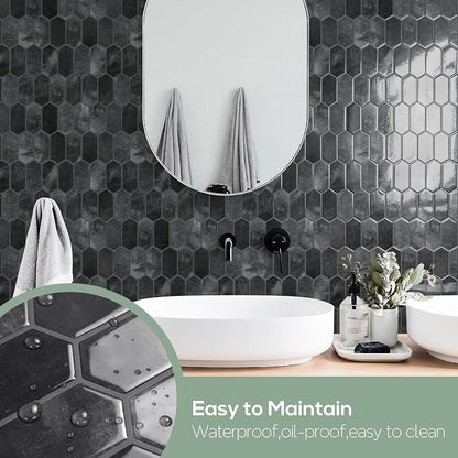 Vamos Tile Thicker Design Long Hexagon Peel and Stick Backsplash Tile | 10-Sheet Shiny Black with Dark Grey Grout Self Adhesive Wall Tiles Stick On Backsplash for Kitchen Bathroom RV Fireplace