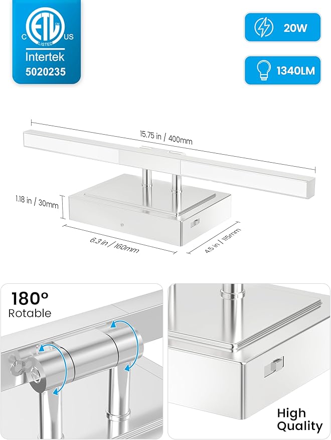 NIORSUN 15.7 Inch Modern Bathroom Light Fixture, 20W 5CCT Dimmable LED Chrome Bathroom Vanity Lights Over Mirror, Vanity Lights for Bathrooms Restroom Mirror- ETL Certified