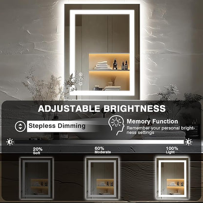 EchosLife 24"x36" LED Bathroom Mirrors for Wall | Backlit + Front Lit, Anti-Fog, Stepless Dimmable, 3 Colors, Memory, Tempered Glass, UL Listed, Horizontal/Vertical