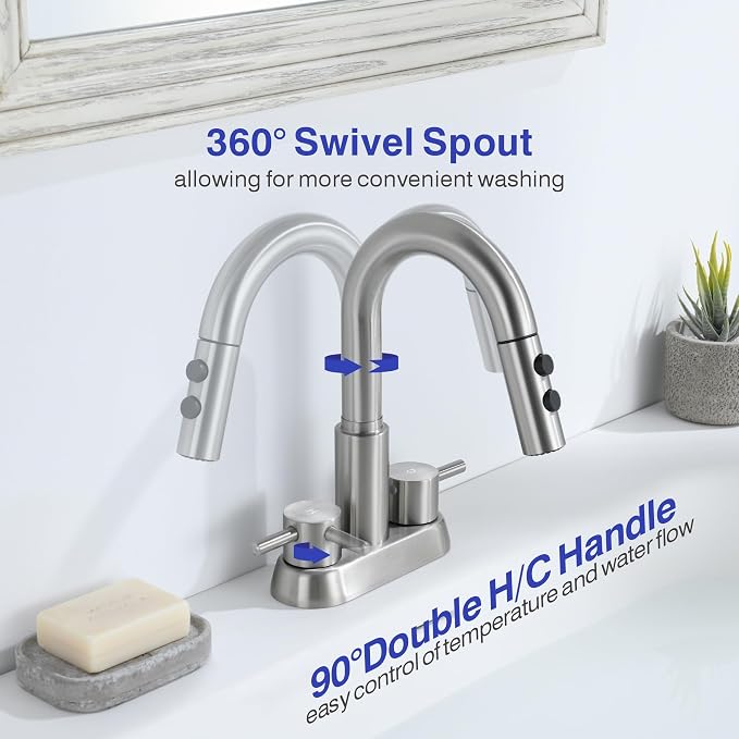 Bathroom Faucet with Sprayer, Brushed Nickel 2 Handles with Pop-Up Drain | Kablle 3 Holes Pull Out 4 inch Centerset Laundry Bar Basin Pull Out Faucet with Pop-Up Drain, KBL-6002BN