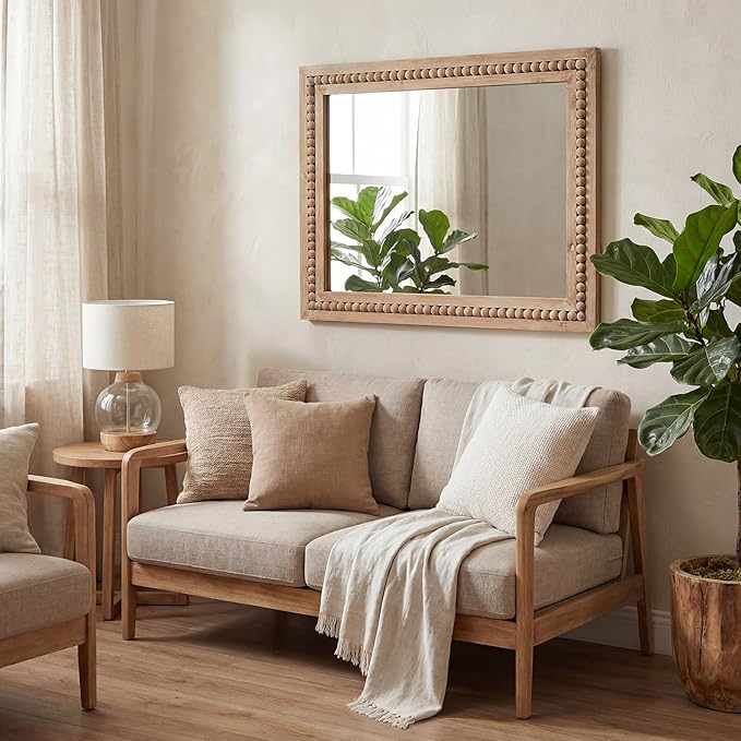 H HOMEWINS Rustic Rectangle Mirror,24x36 Wooden Farmhouse Mirrors,Boho Bathroom Wall-Mounted Nature Beads Decor Mirror for Bedroom, Living Room,Vanity,Entryway,Over Sink