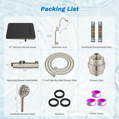 Hibbent 5-spray Dual Filtered Rainfall Shower Head with 10 Spray Handheld | High Pressure 13'' Showerhead Combo, Easy Reach 4-way Diverter Arm with Pause Mode, 71'' Hose & Holder, Brushed Nickel