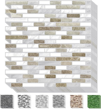 URCOLOR 10-Sheet Peel and Stick Backsplash Tile for Kitchen, 12”×12” Stick on Wall Tile for Bathroom, Beige & White