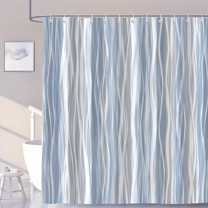 Moonslim Blue Grey Ombre Shower Curtain, Modern Wavy Abstract Striped Line Bathroom Curtain, Waterproof Fabric Bath Decor, 72 x 78 Inch