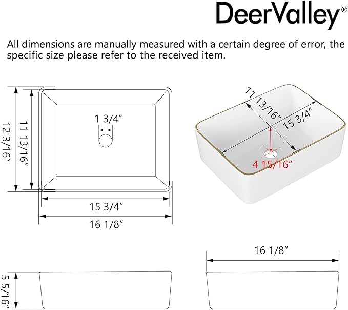DeerValley Liberty 16x12 Inch Rectangular Vessel Sink, White Ceramic Basin with Gold Band, Above Counter Bathroom Sink, DV-1V0366