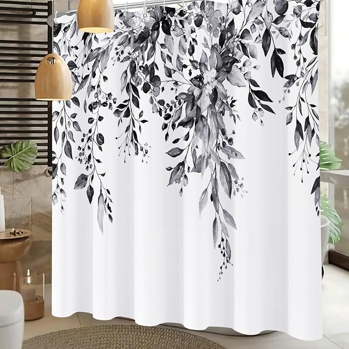 Shower Curtain Black and White Shower Curtains for Bathroom,Watercolor Leaf Shower Curtain Sets Waterproof Plant Eucalyptus Shower Curtain Leaves Bathroom Curtains 72x72 in with Hooks