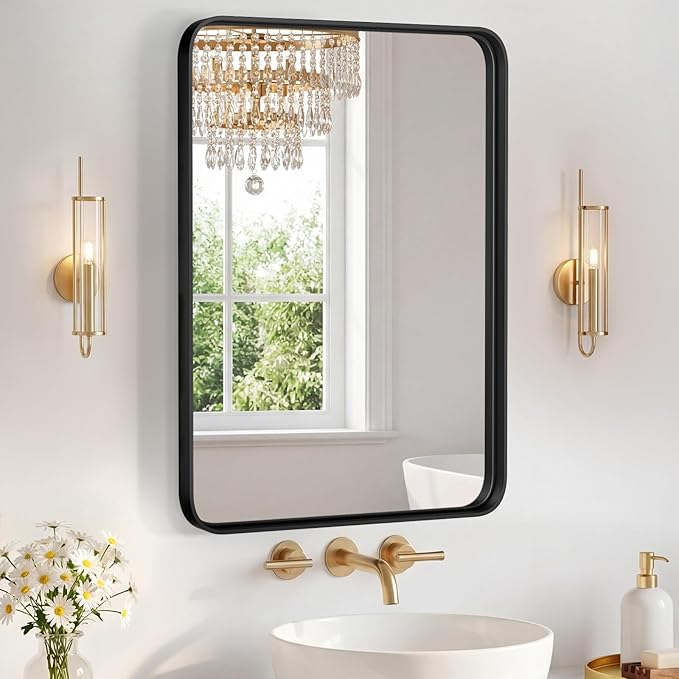 Sweetcrispy Bathroom Mirror 30.5x22.5 Inch, Vanity Mirror for Wall | Metal Framed Rounded Rectangle, Over Sink, Farmhouse, Restroom, Anti-Rust, Horizontal or Vertical Hanging, Black