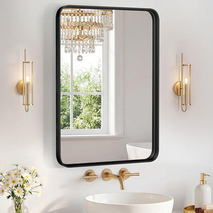 Sweetcrispy Bathroom Mirror 30.5x22.5 Inch, Vanity Mirror for Wall | Metal Framed Rounded Rectangle, Over Sink, Farmhouse, Restroom, Anti-Rust, Horizontal or Vertical Hanging, Black