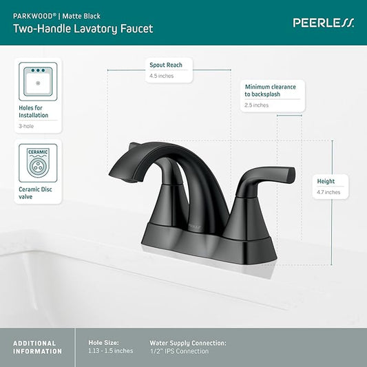 Peerless Parkwood Centerset Bathroom Faucet, Black Bathroom Faucet for Bathroom Sink, Bathroom Sink Faucet, Metal Drain Assembly, Matte Black P2535LF-BL