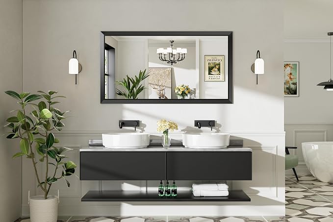 55.1x30.1 Inch Black Bathroom Mirror for Wall, Thick Metal Framed Rectangle Mirrors for Over Sink, Bedroom, Living Room, Entryway, Anti-Rust, HD Tempered Glass
