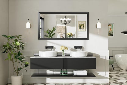 55.1x30.1 Inch Black Bathroom Mirror for Wall, Thick Metal Framed Rectangle Mirrors for Over Sink, Bedroom, Living Room, Entryway, Anti-Rust, HD Tempered Glass