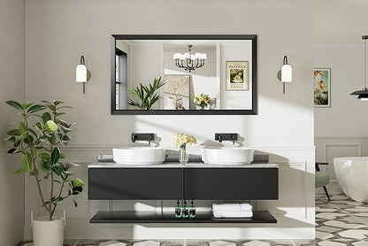 55.1x30.1 Inch Black Bathroom Mirror for Wall, Thick Metal Framed Rectangle Mirrors for Over Sink, Bedroom, Living Room, Entryway, Anti-Rust, HD Tempered Glass