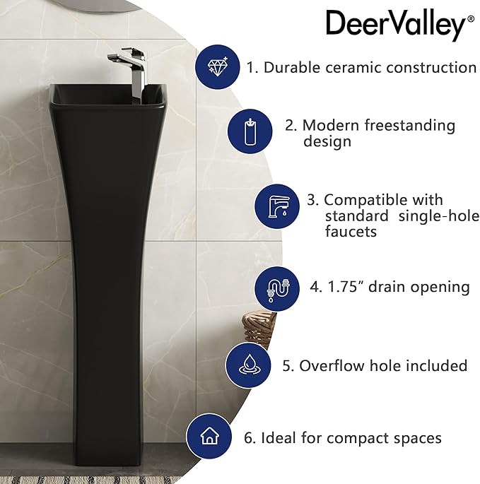DeerValley Horizon Black Pedestal Sink 11x13 Inch, Modern Ceramic Bathroom Vanity with Overflow for Small Spaces