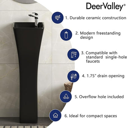 DeerValley Horizon Bathroom Pedestal Sink, 11"L x 13"W x 35"H Small Pedestal Sink, Ceramic One Piece Bath Sink with Overflow and Pre-Drilled Hole, Freestanding Modern Sink in Black, DV-1P529B