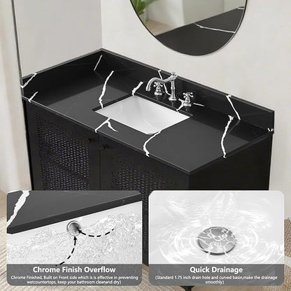 48 in. W x 22 in D Quartz Vanity Top in Black Marquina,with One Sidesplash & One Backsplash, Vanity Sink Top with Assembled Single Drop-in Sink, Pre-Drilled 8 Inch Faucet Hole Countertop