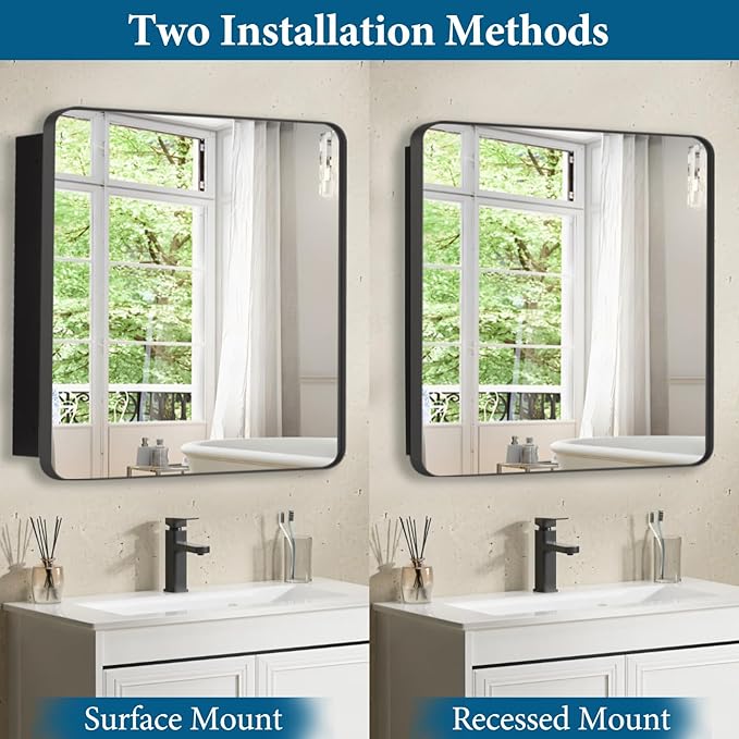 28’’x28’’ Medicine Cabinet,Metal Framed Medicine Cabinet Mirror with Round Corner,Recessed and Surface Mount Bathroom Mirror with Storage, Removeable Shelves,Dark Gray Frame